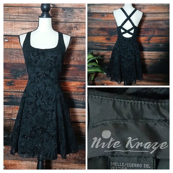 Vintage Nite Kraze Dress 9/10 Velvet Burnout Floral Glitter Cross Back LBD - Picture 1 of 10